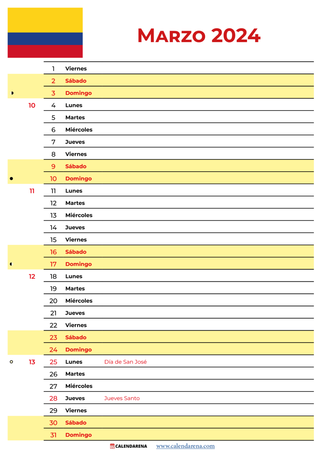 Calendario Marzo 2024 Colombia Para Imprimir