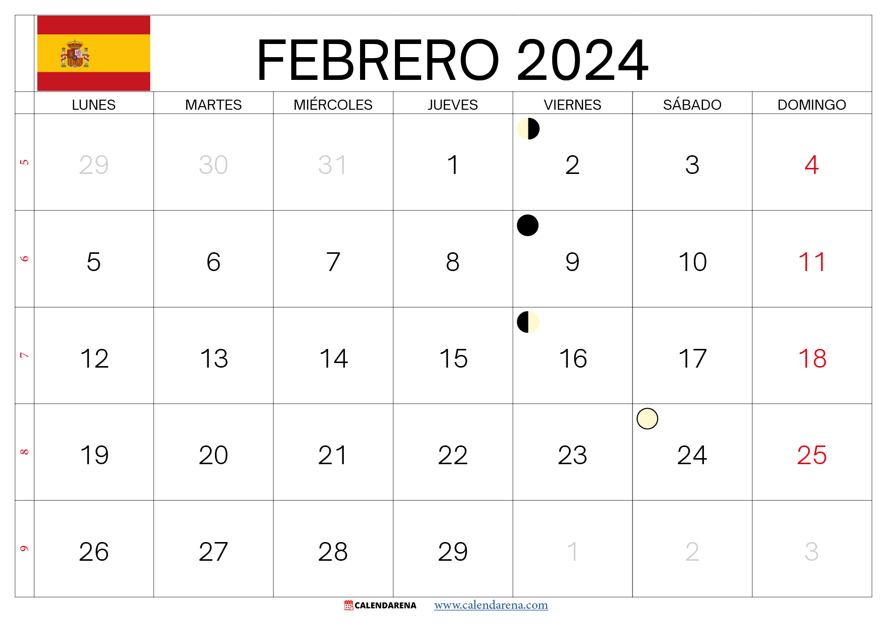 calendario de febrero 2024 españa