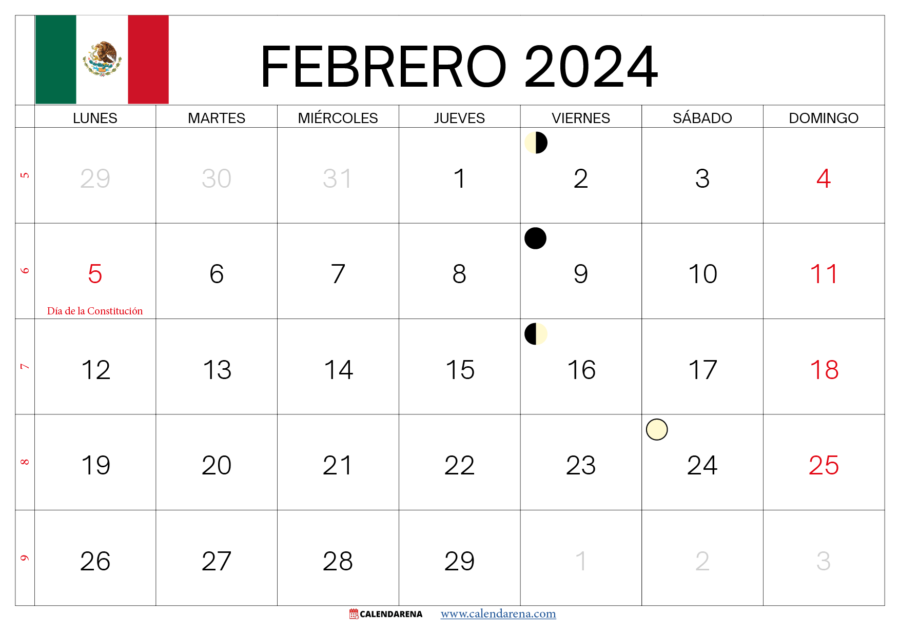 calendario de febrero 2024 mexico