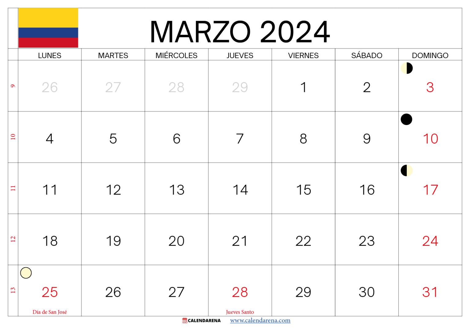 Calendario Marzo 2024 Colombia Para Imprimir