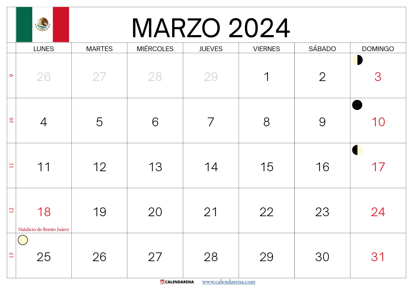 calendario de marzo 2024 méxico