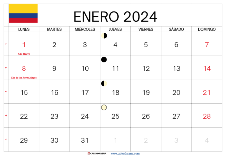 Calendario Enero 2024 Colombia Para Imprimir