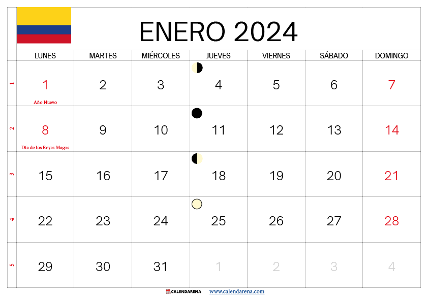 calendario enero 2024 con festivos colombia