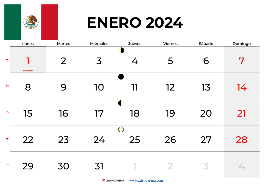 calendario enero 2024 mexico