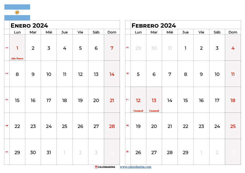 calendario enero y febrero 2024 argentina