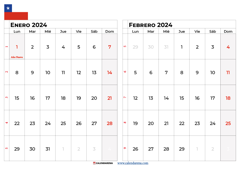 calendario enero y febrero 2024 chile