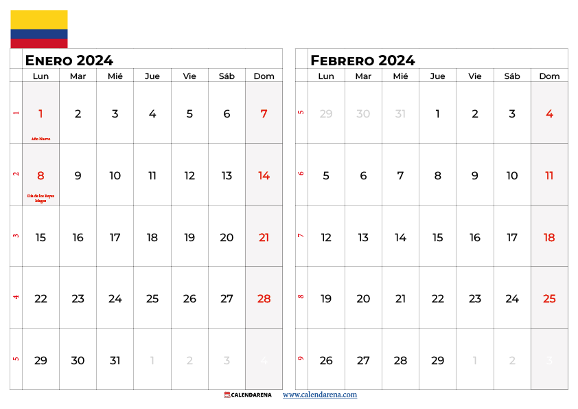 calendario enero y febrero 2024 colombia