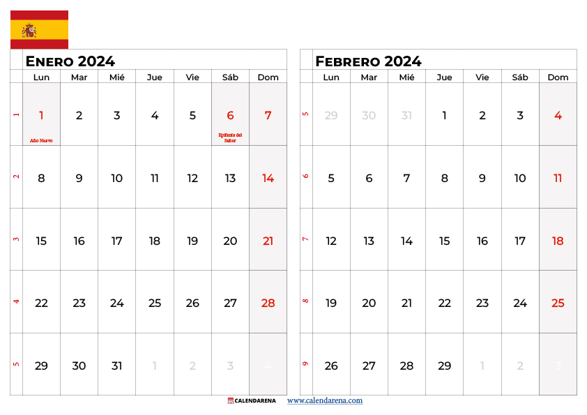 calendario enero y febrero 2024 españa