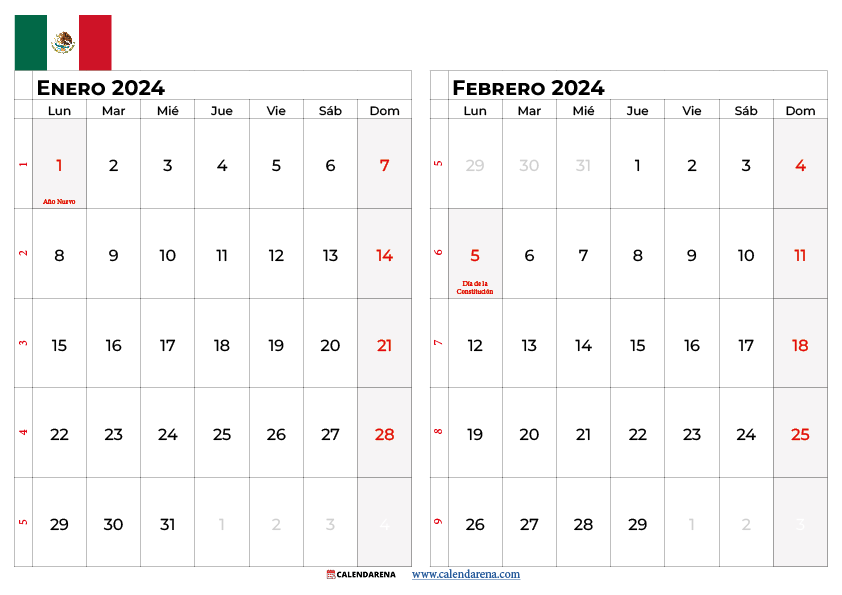 calendario enero y febrero 2024 mexico