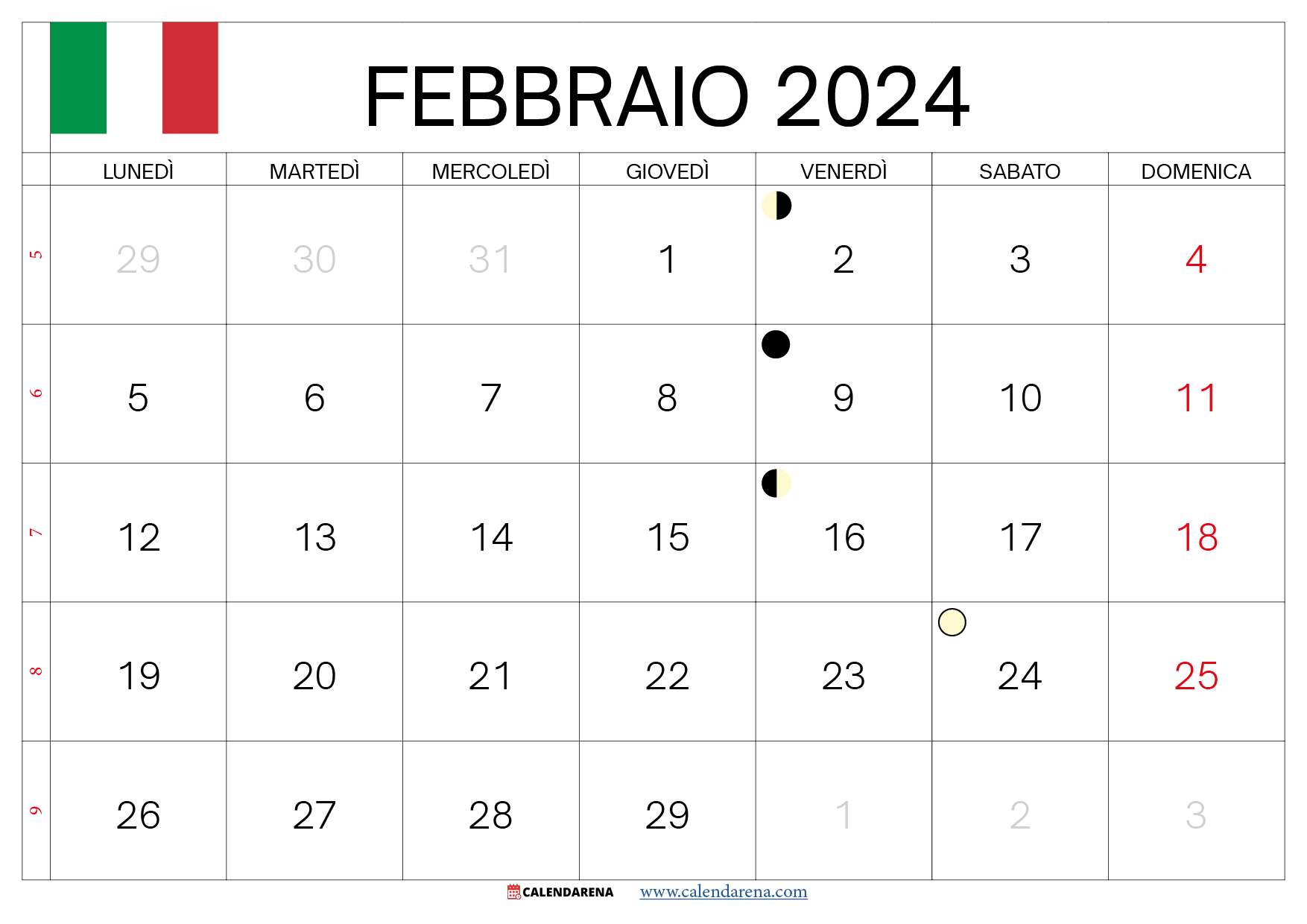 calendario febbraio 2024 da stampare italia