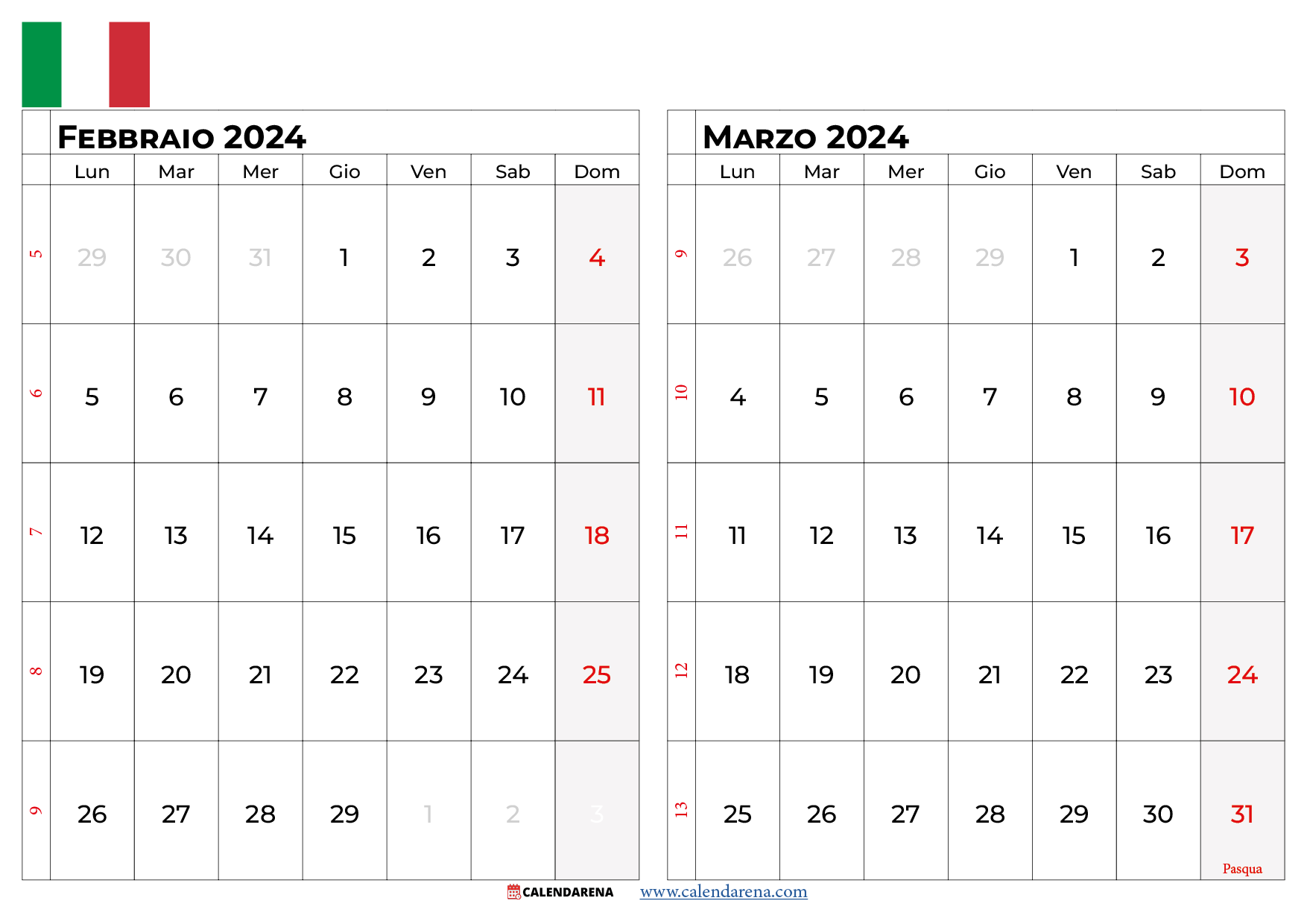 calendario febbraio marzo 2024 italia