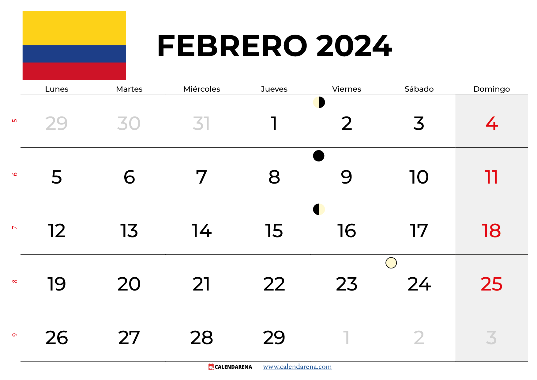 calendario febrero 2024 colombia