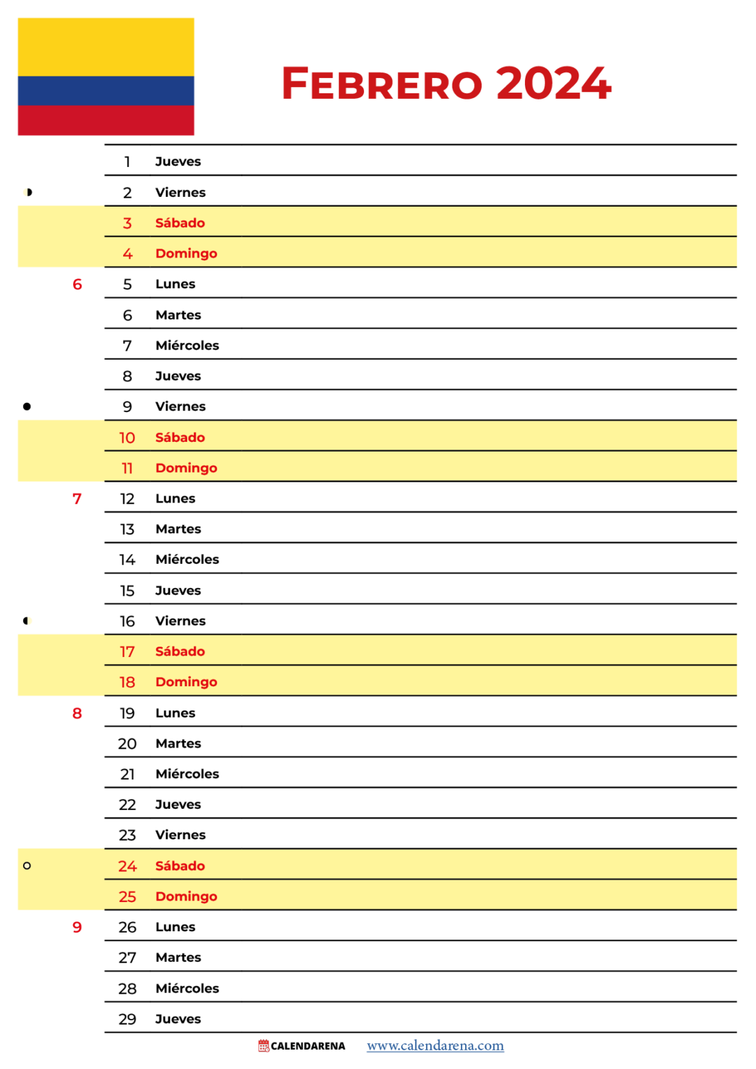 Calendario Febrero 2024 Colombia Para Imprimir