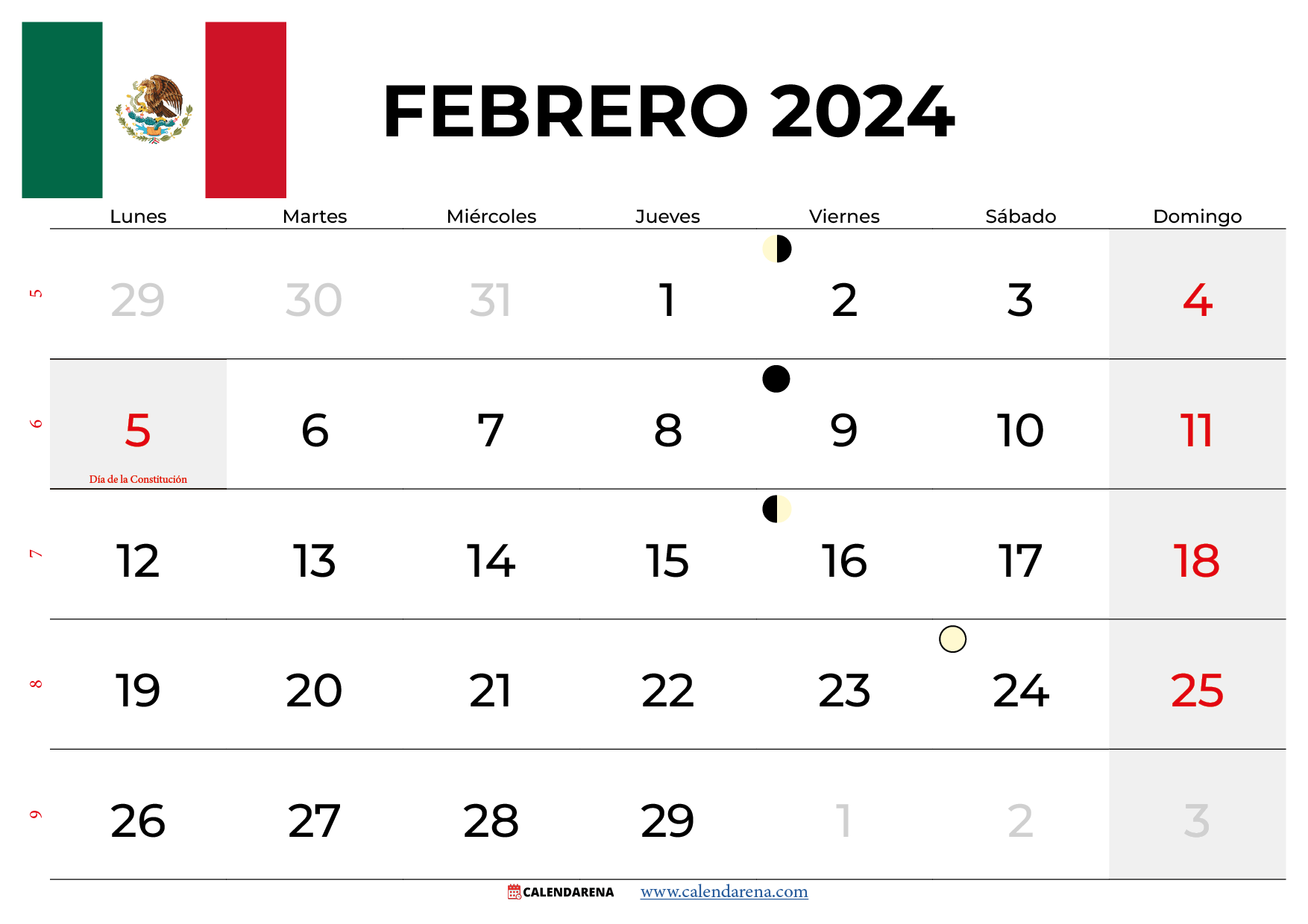 calendario febrero 2024 mexico