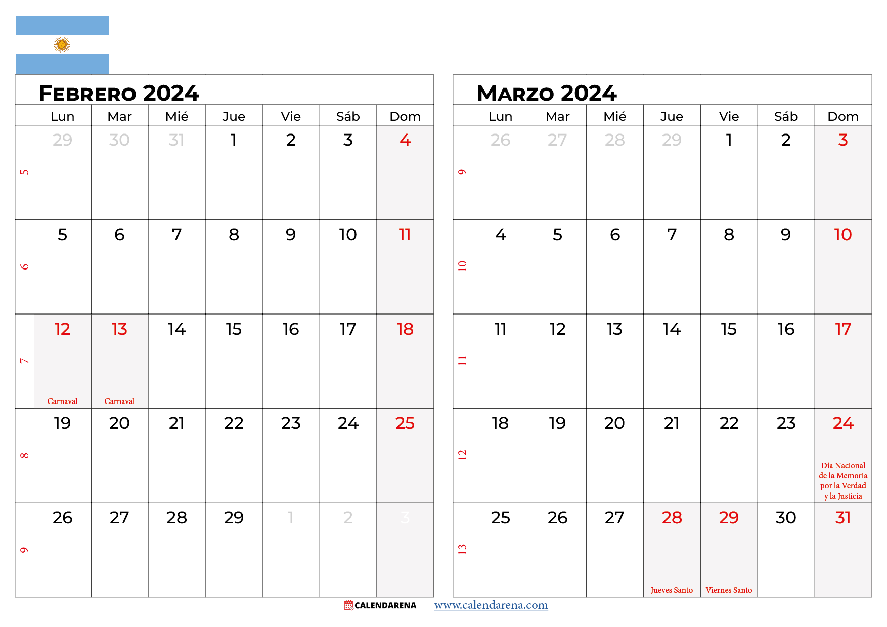 calendario febrero marzo 2024 argentina