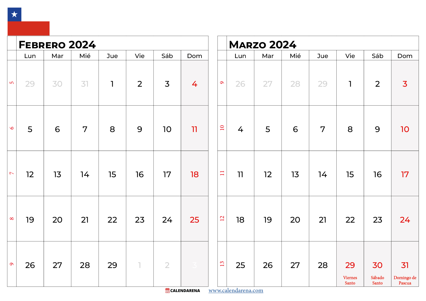 calendario febrero marzo 2024 chile