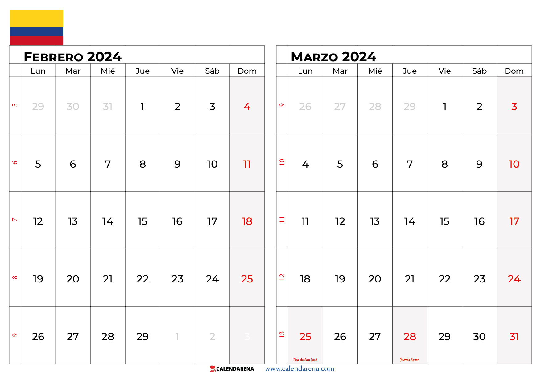 calendario febrero marzo 2024 colombia