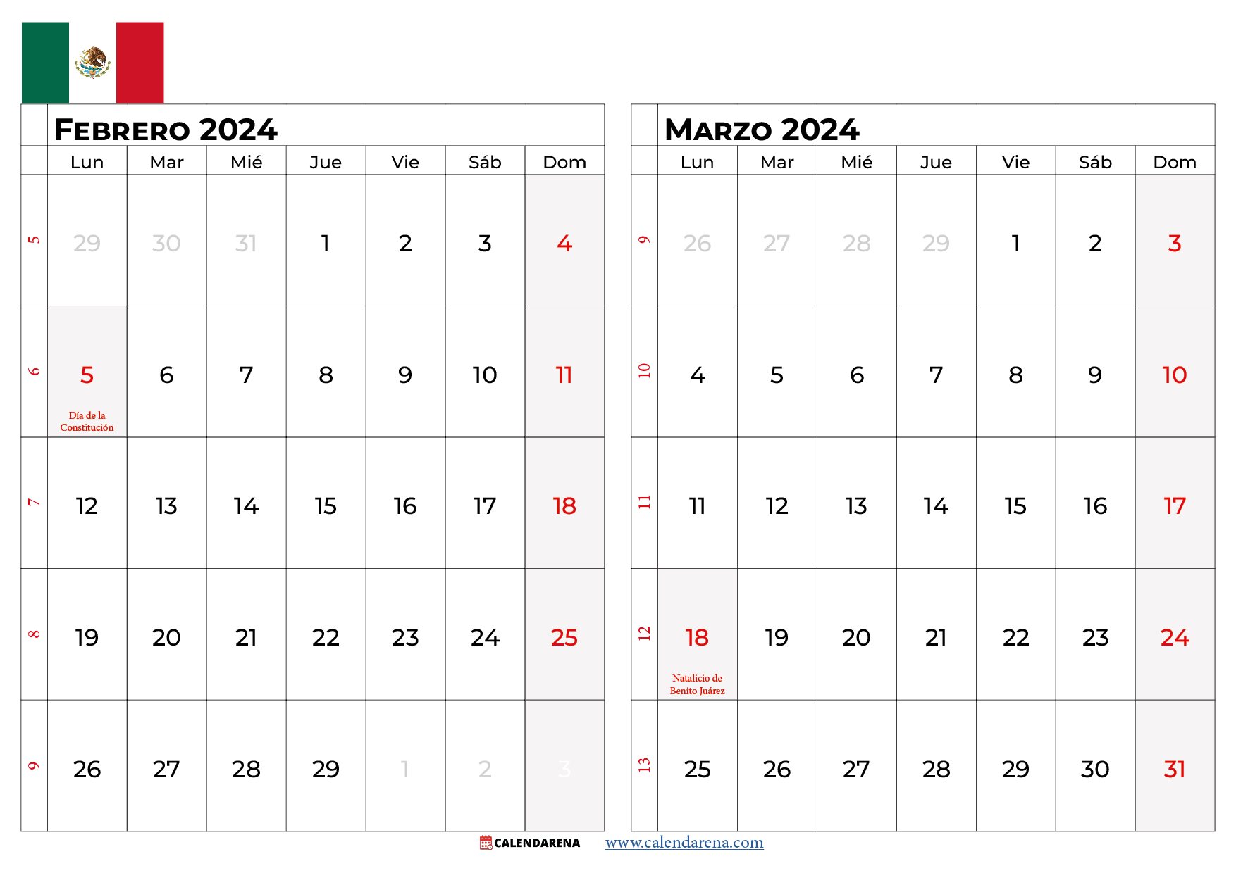 calendario febrero marzo 2024 mexico