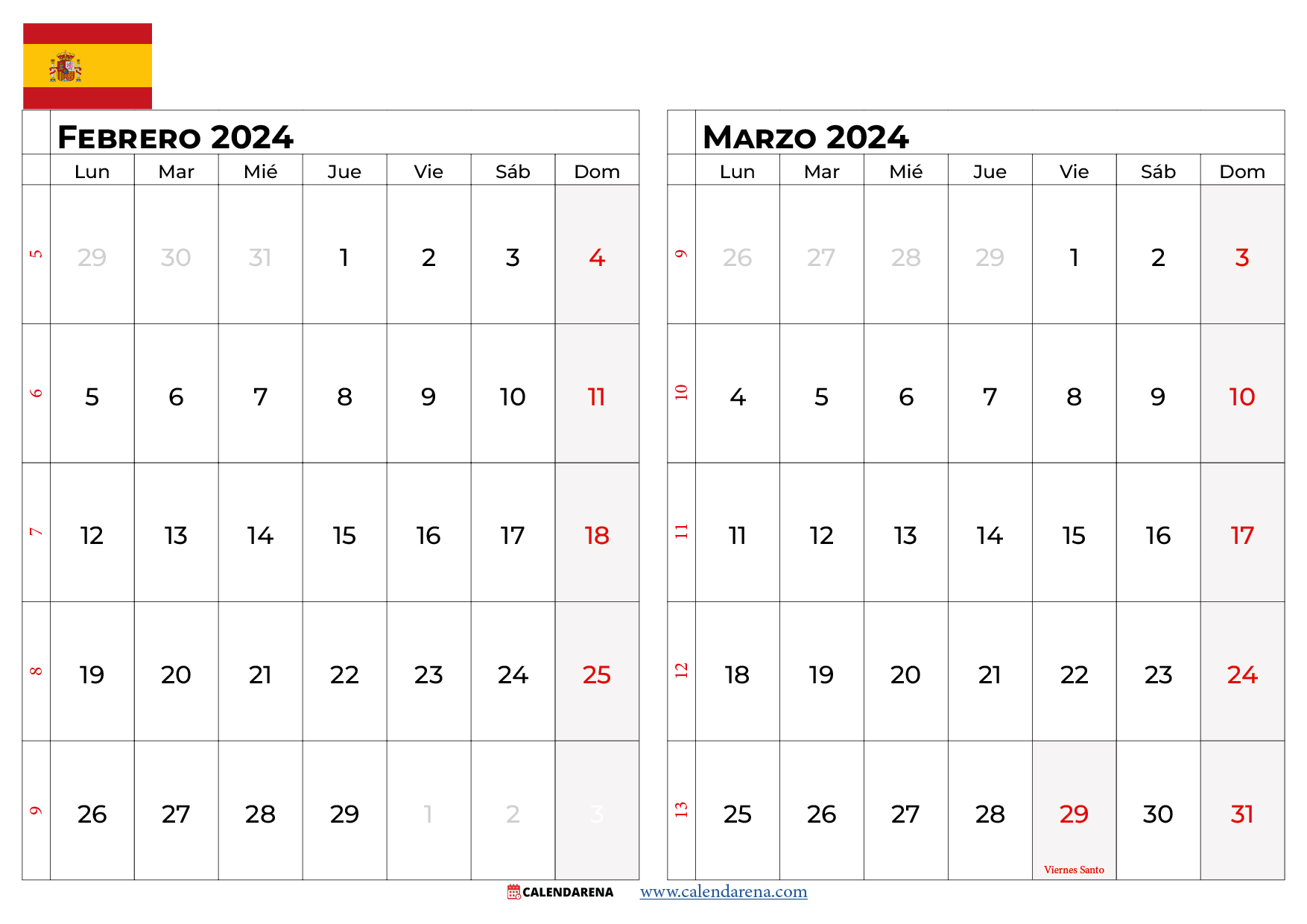 calendario febrero y marzo 2024 españa