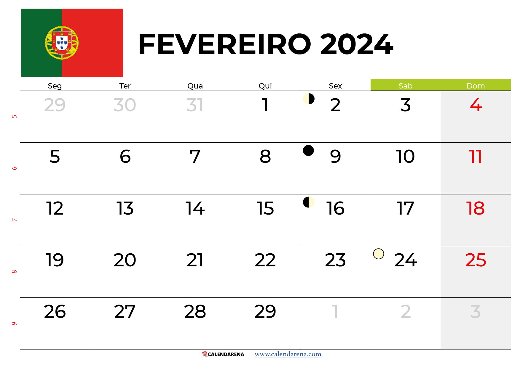 calendário fevereiro 2024 Portugal