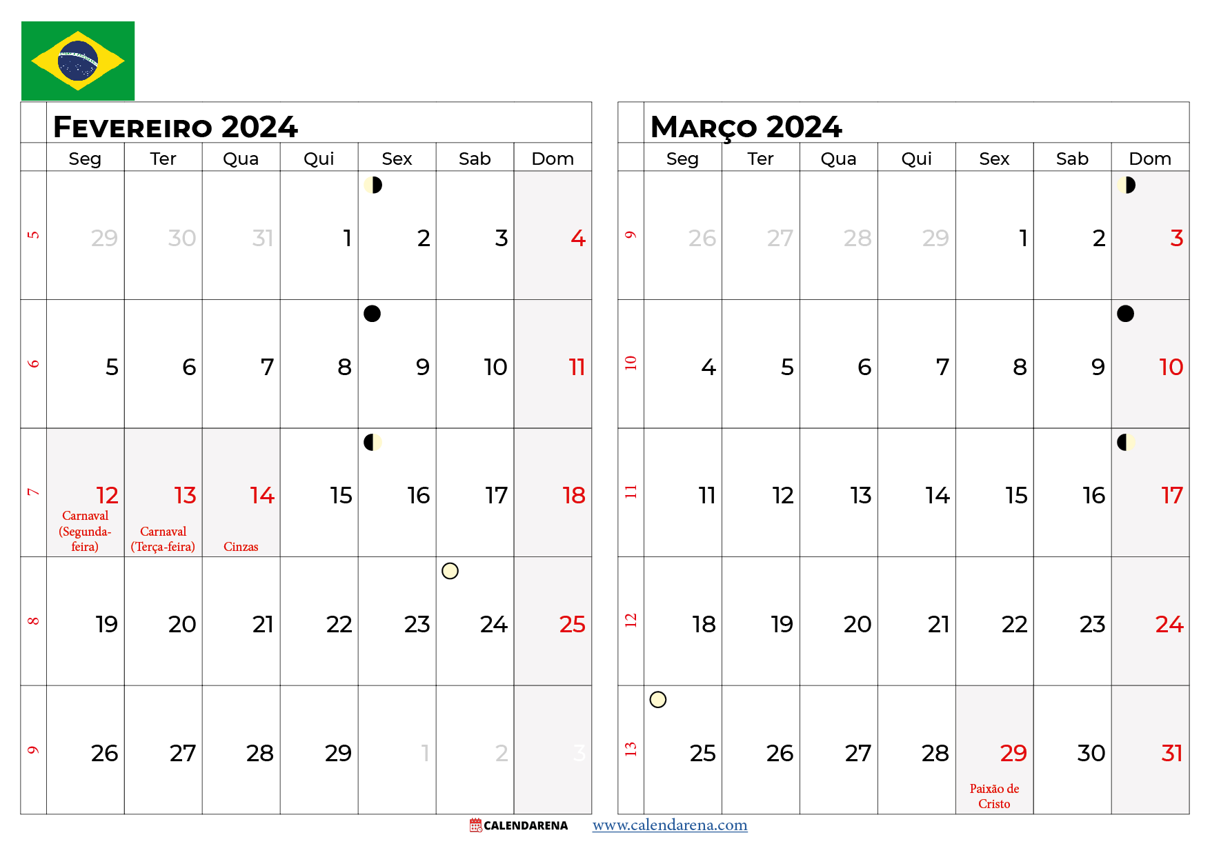 calendario fevereiro e março 2024 Brasil
