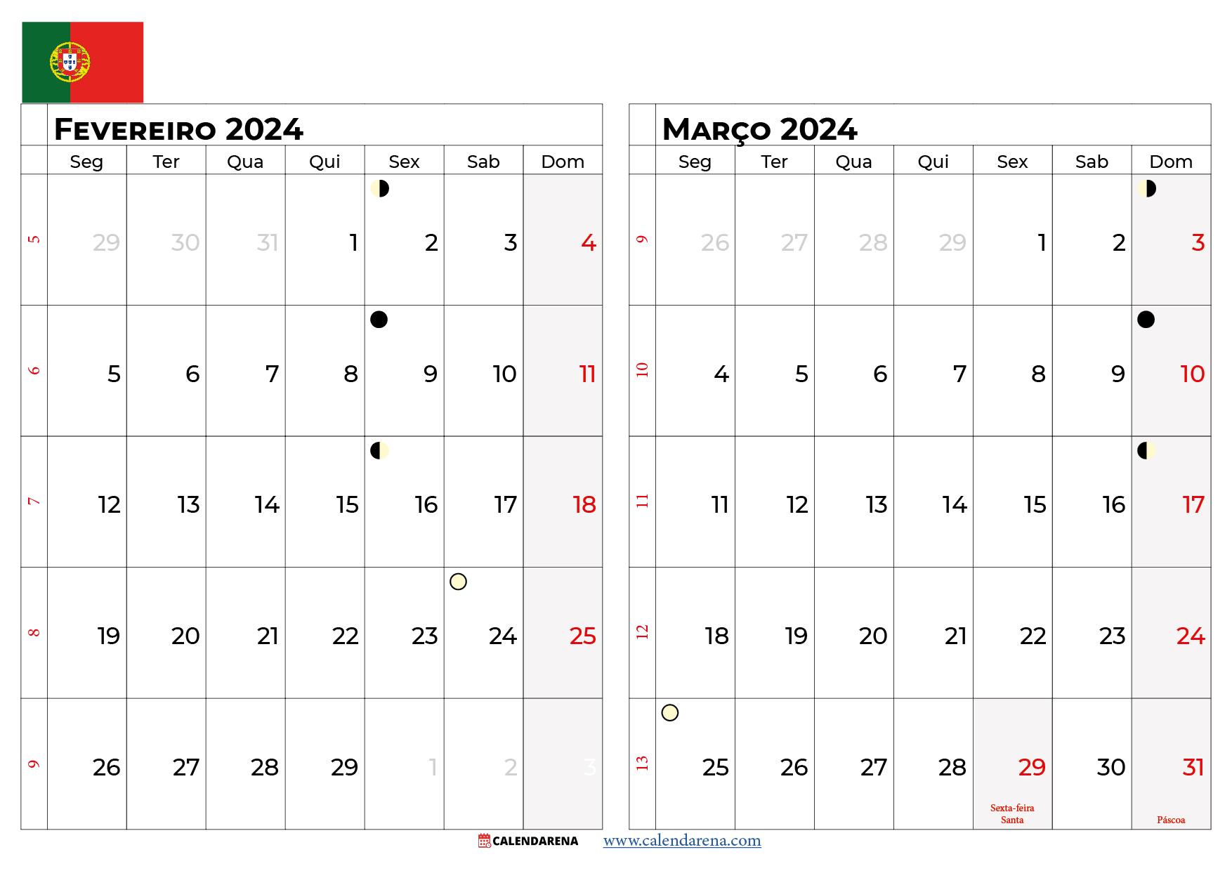 calendario fevereiro e março 2024 Portugal
