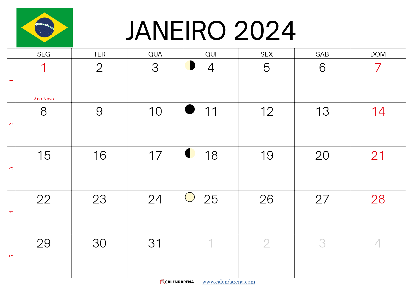 calendario janeiro 2024 Brasil