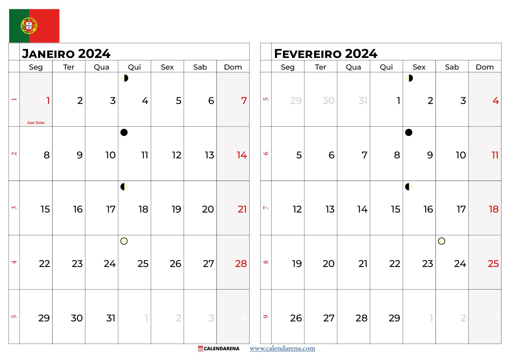 calendario janeiro e fevereiro 2024 portugal