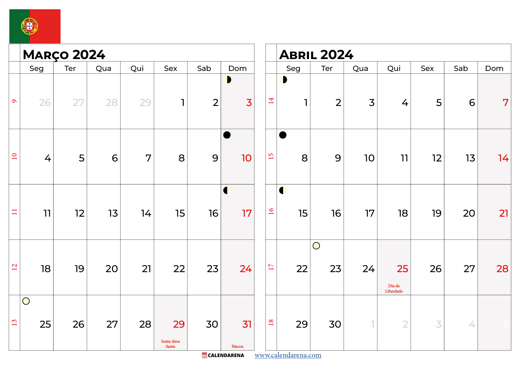 calendario março e abril 2024 Portugal