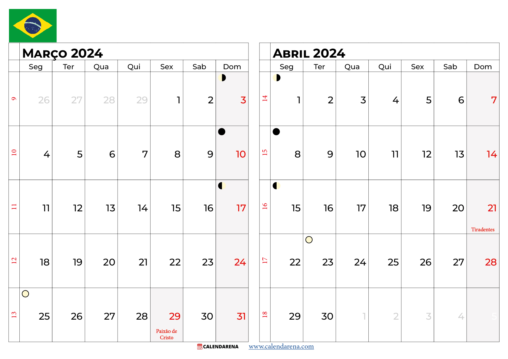 calendario março e abril 2024 brasil