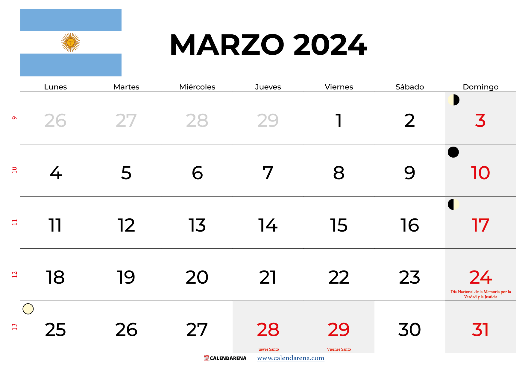 calendario marzo 2024 argentina