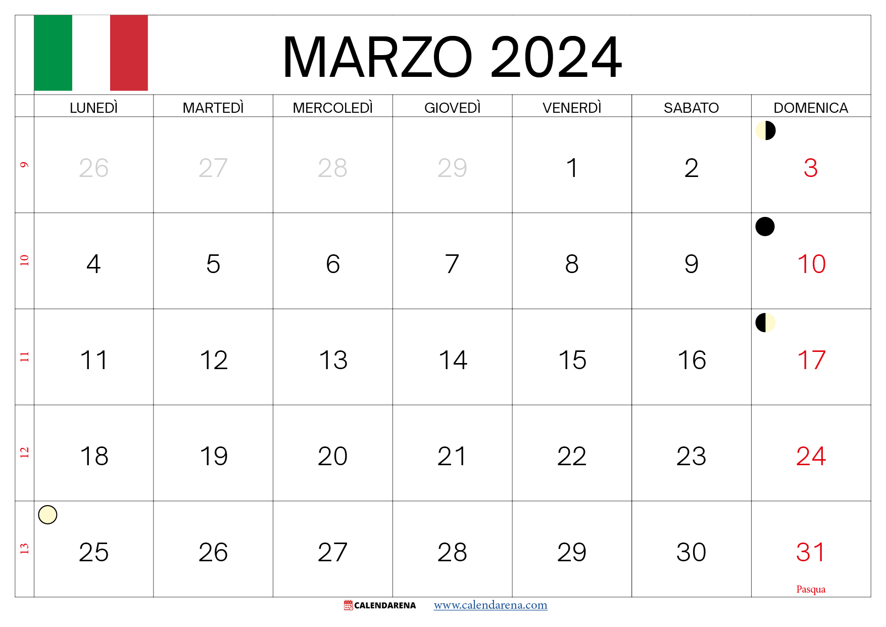 calendario marzo 2024 da stampare italia