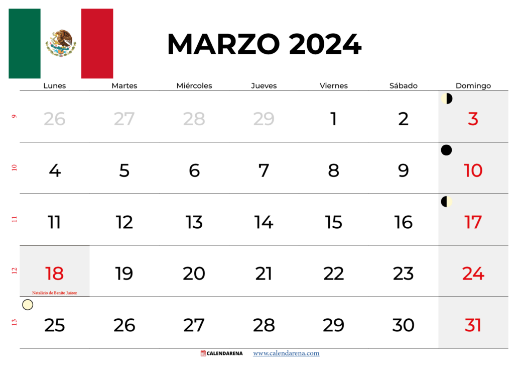 calendario marzo 2024 méxico