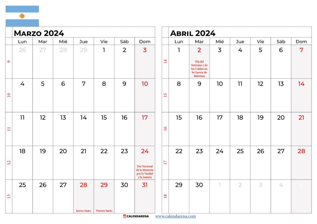 Calendario Marzo 2024 Argentina Para Imprimir