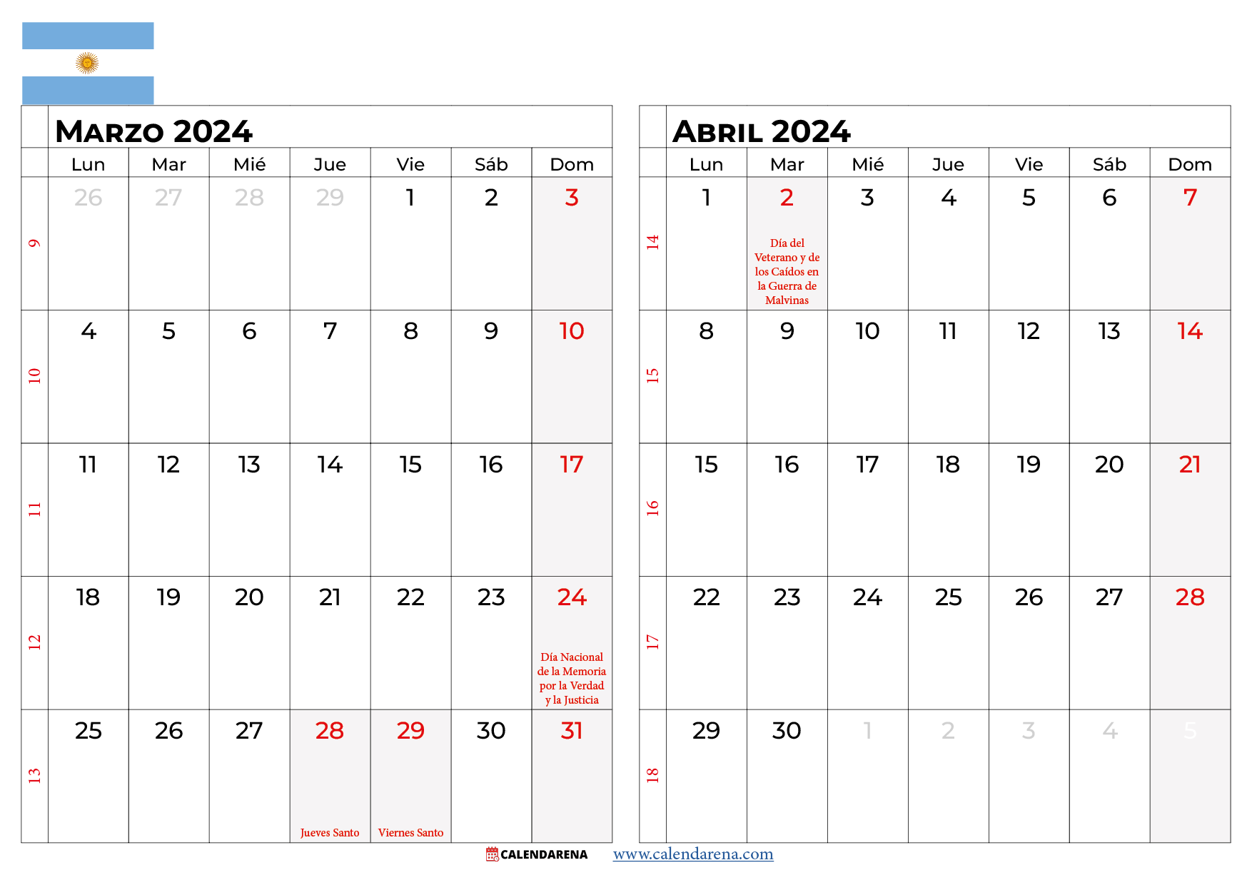 calendario marzo abril 2024 argentina
