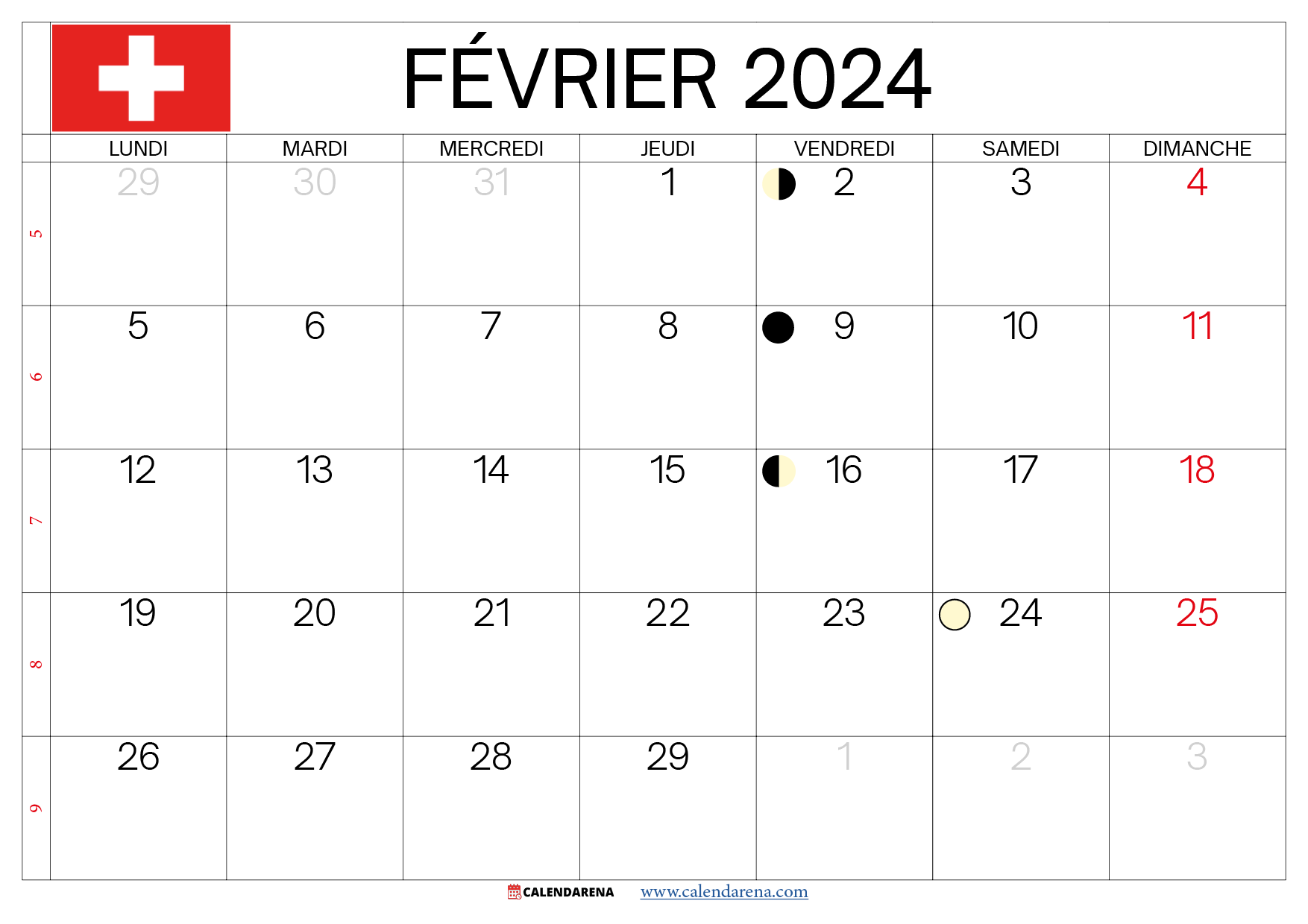 calendrier février 2024 à imprimer suisse