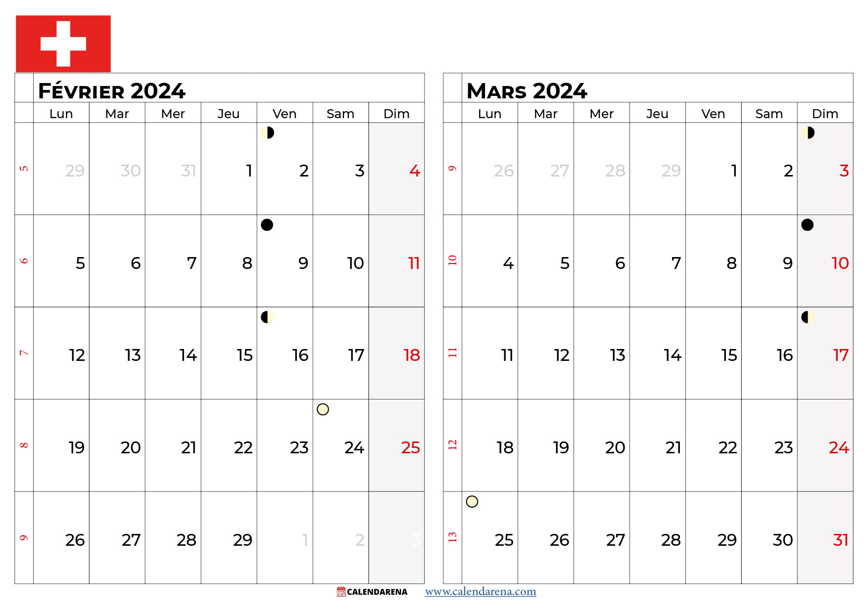 calendrier fevrier mars 2024 suisse