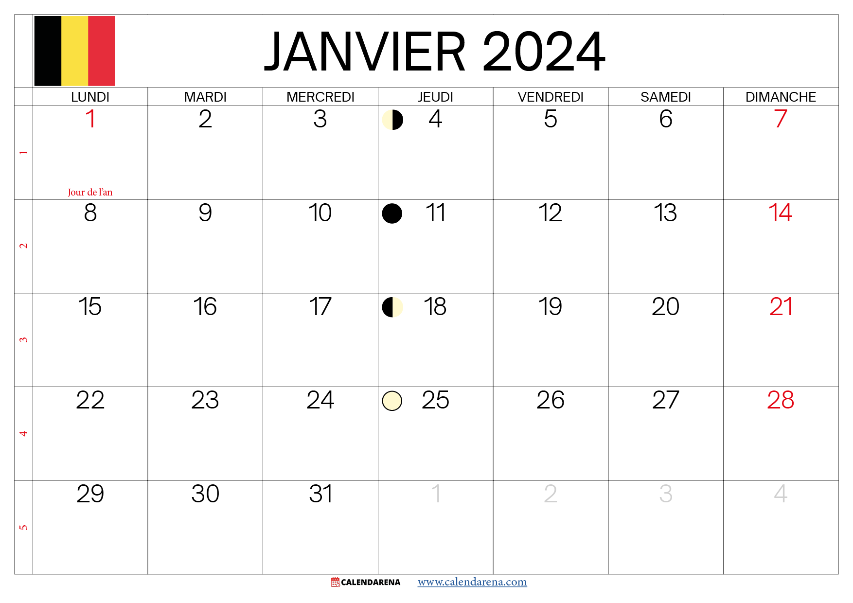 calendrier janvier 2024 à imprimer belgqie