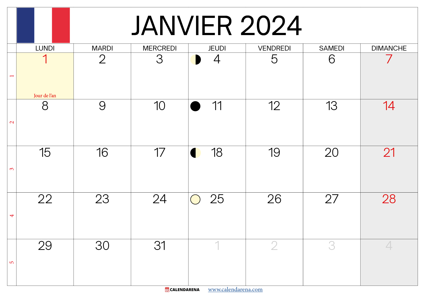 calendrier janvier 2024 à imprimer france