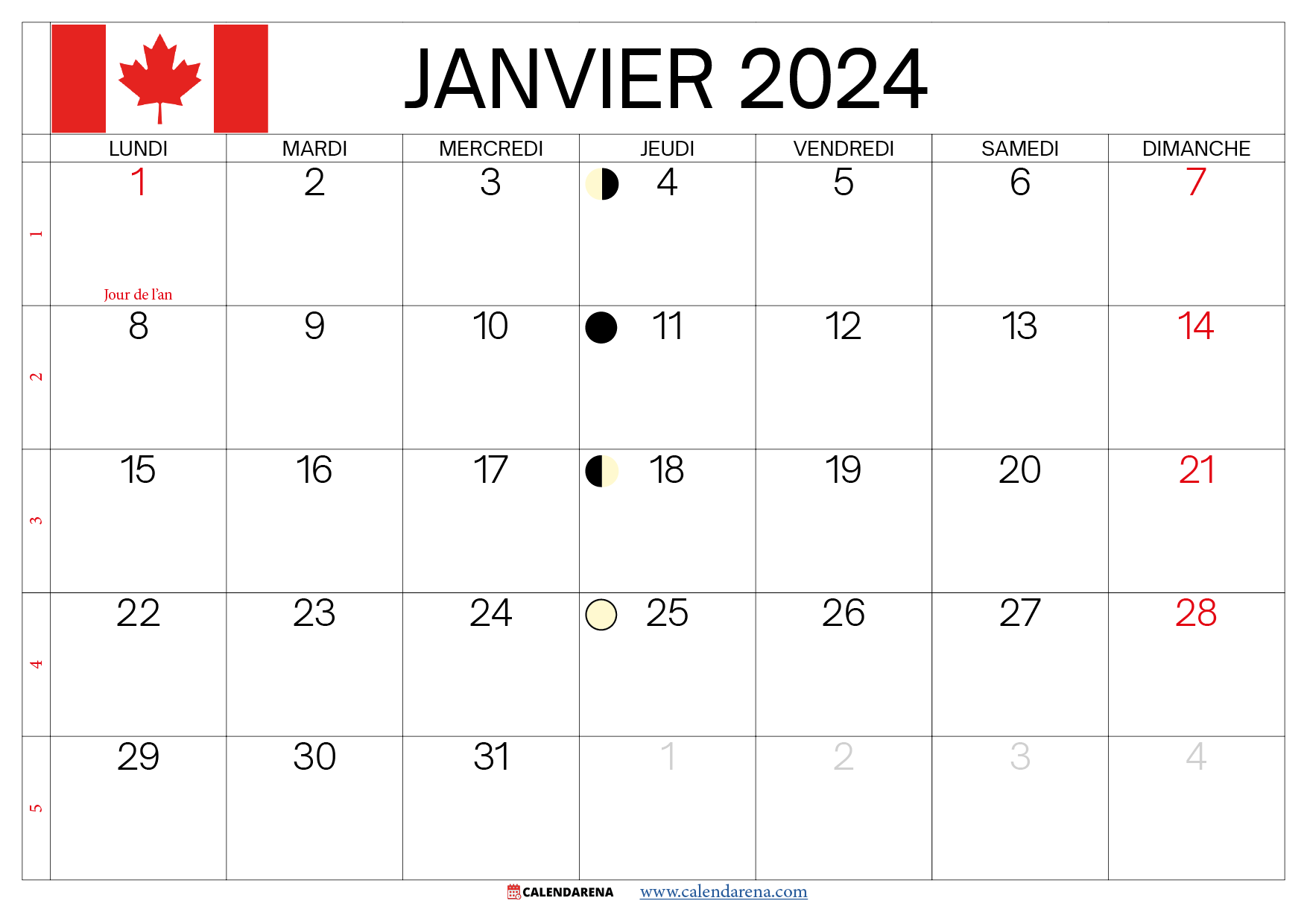 calendrier janvier 2024 à imprimer québec