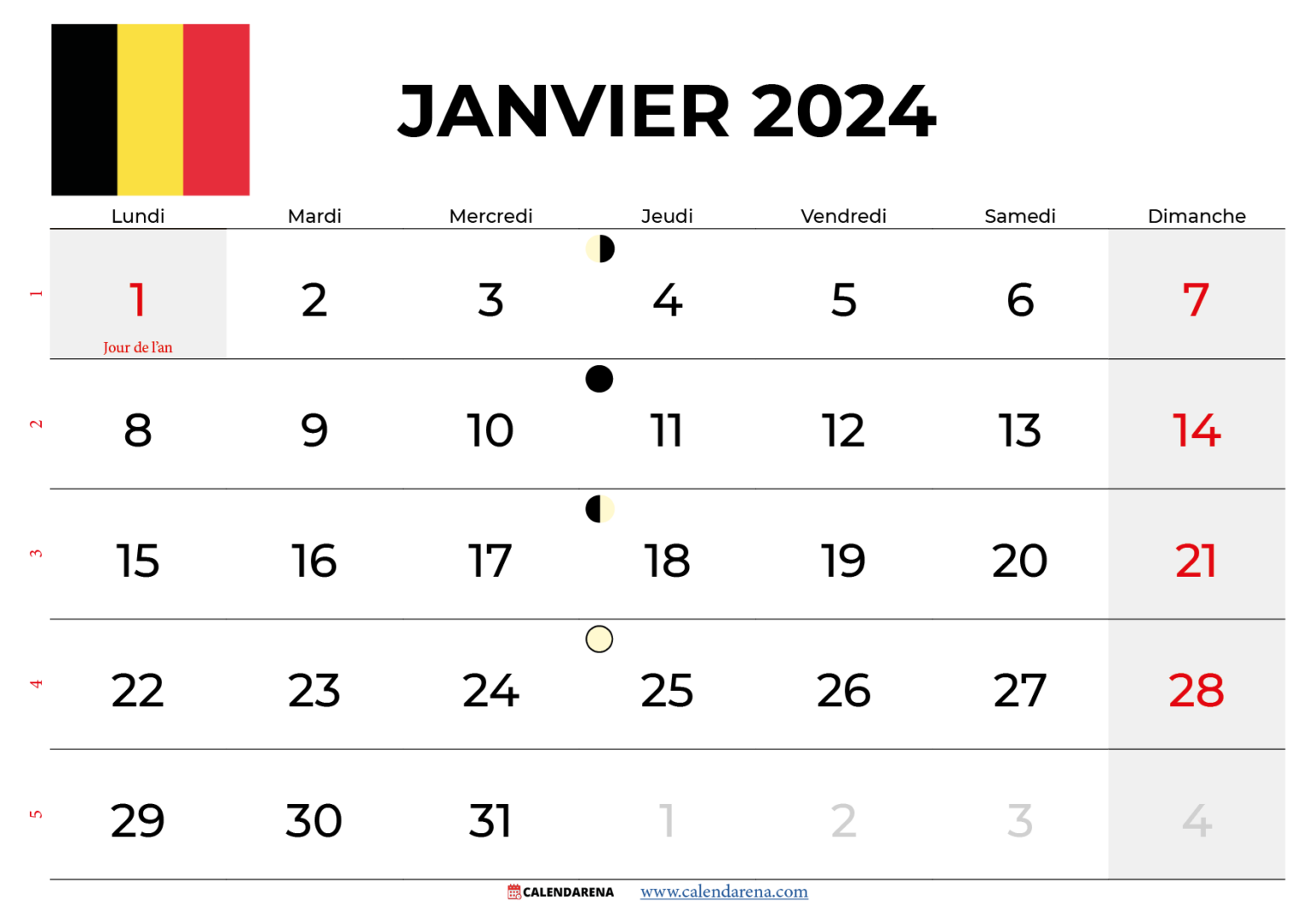 Calendrier Janvier 2024 Belgique à Imprimer