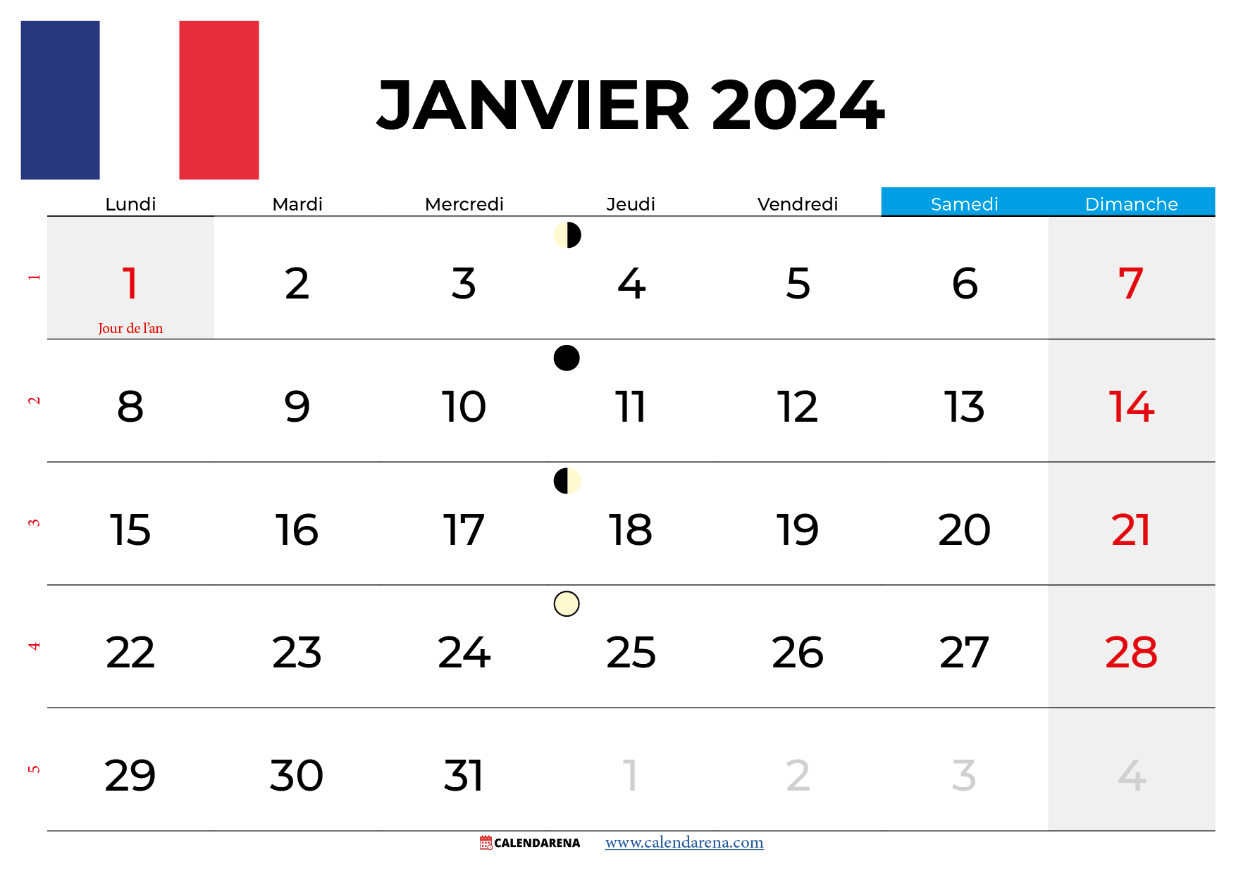 calendrier janvier 2024 france