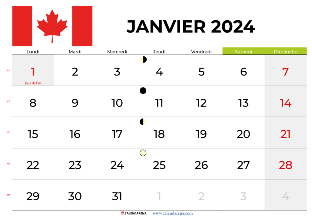 calendrier janvier 2024 québec