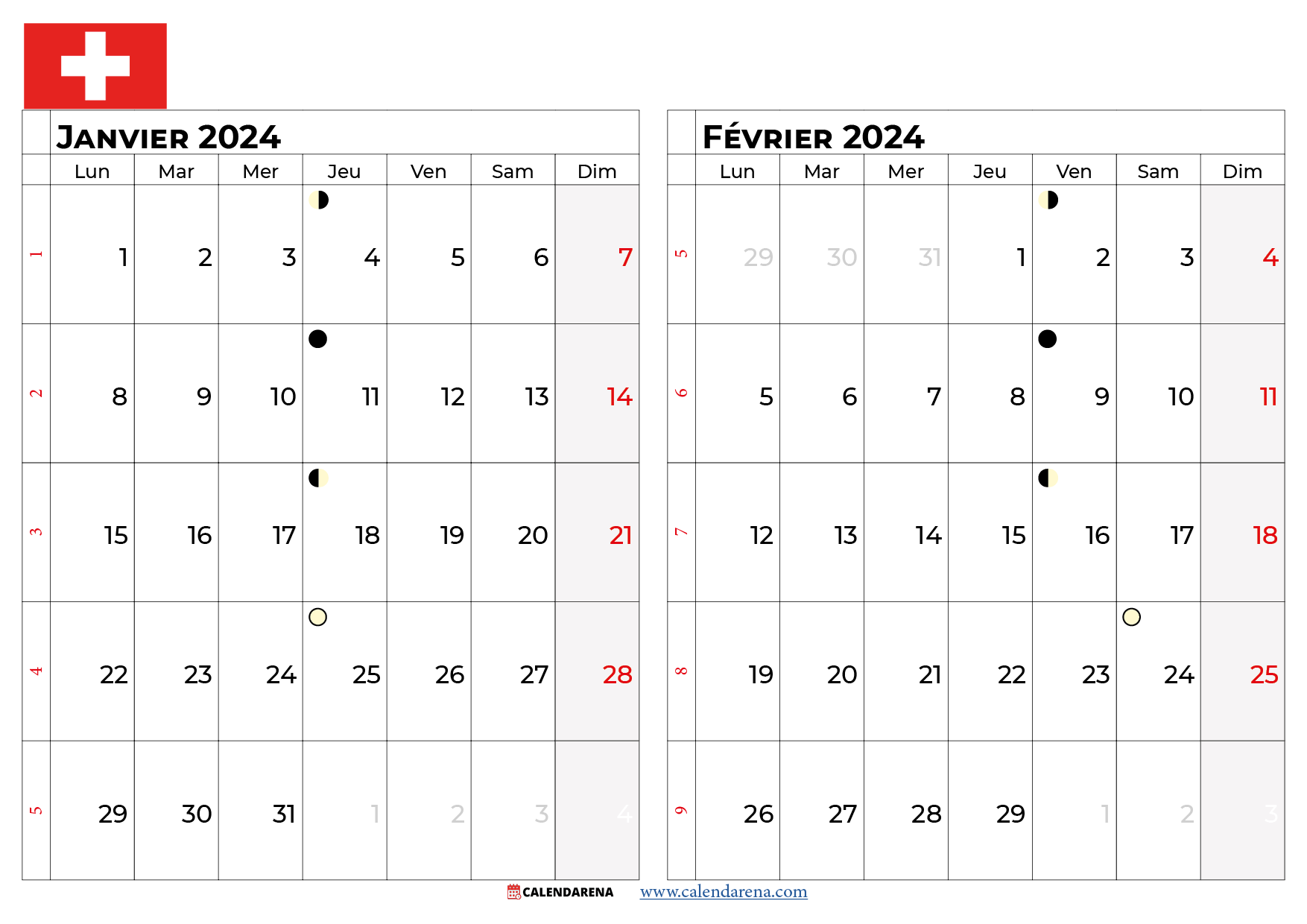 calendrier janvier fevrier 2024 suisse