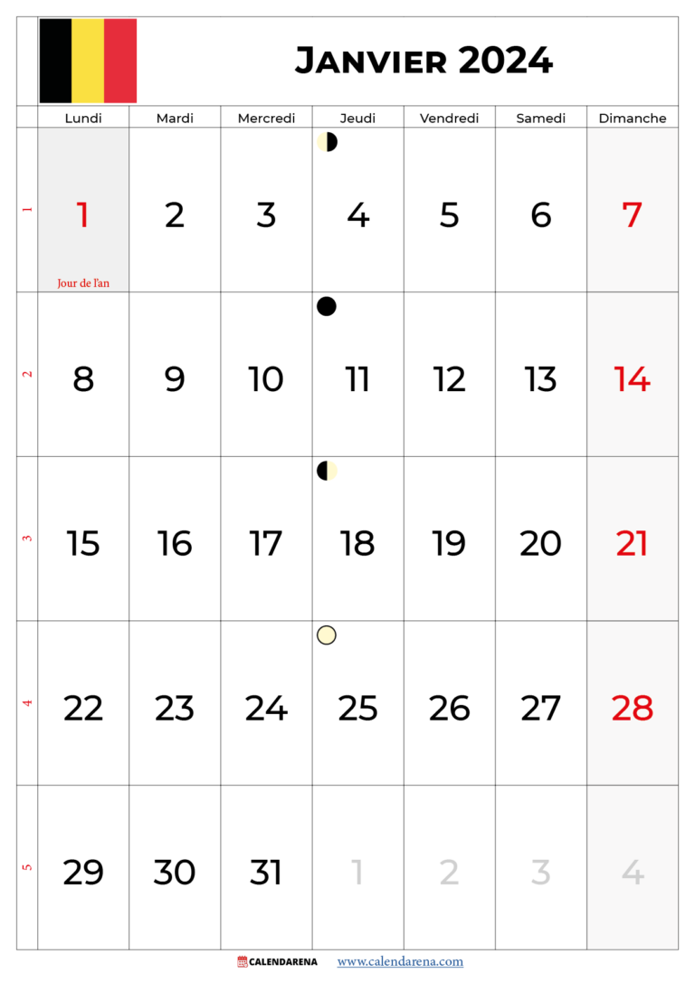 Calendrier Janvier 2024 Belgique à Imprimer