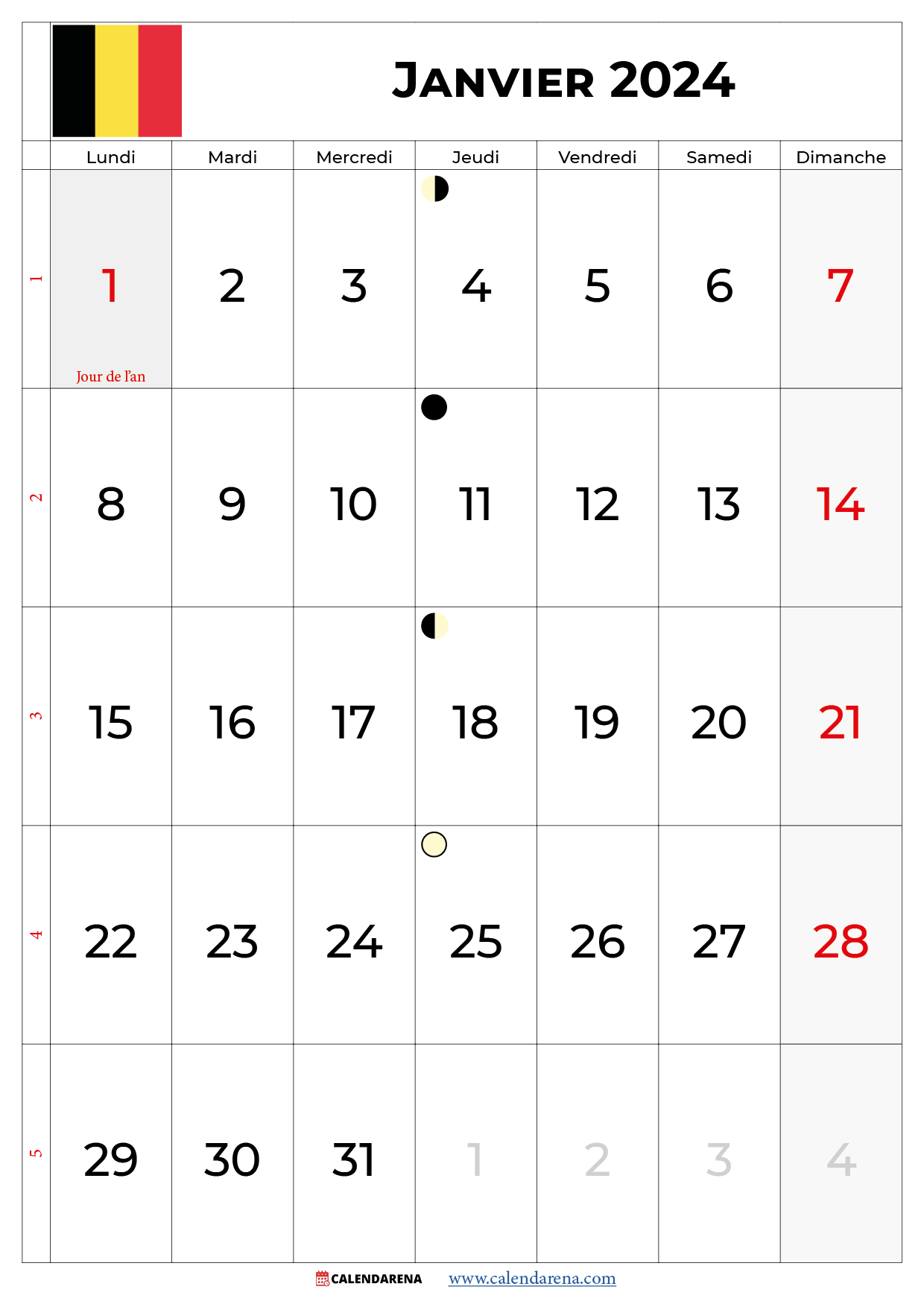 calendrier lunaire janvier 2024 belgique