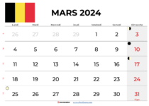 calendrier mars 2024 Belgique
