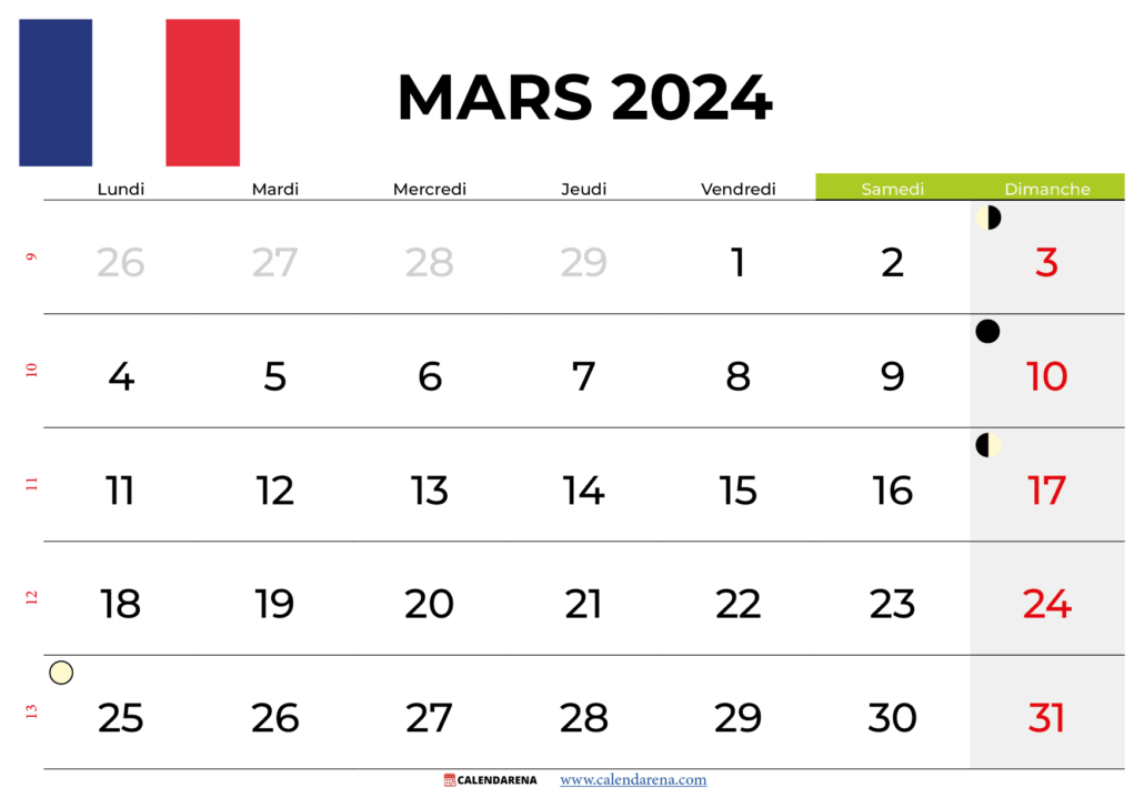 calendrier mars 2024 France