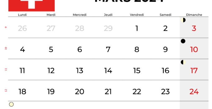 calendrier mars 2024 Suisse
