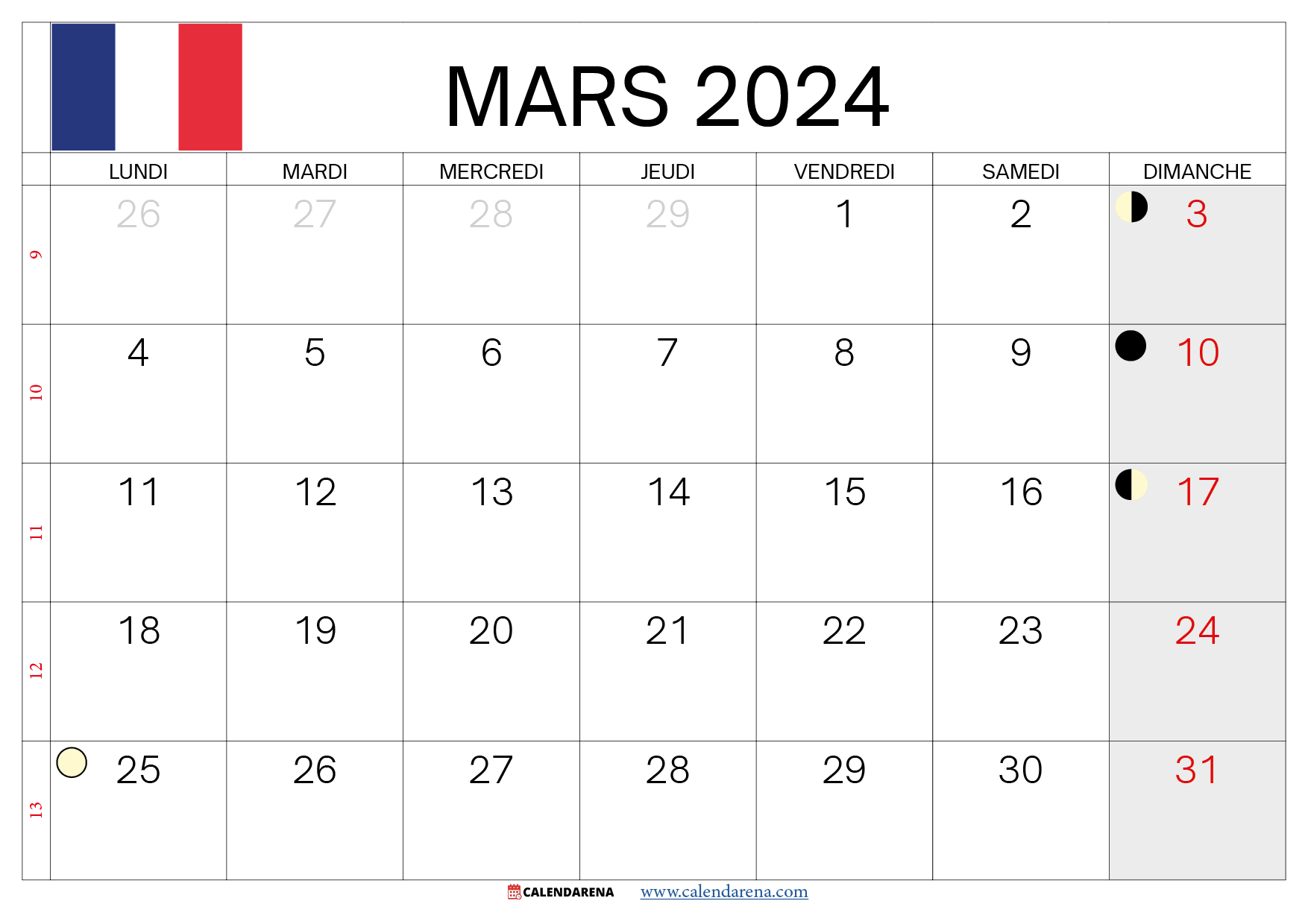 calendrier mars 2024 à imprimer France